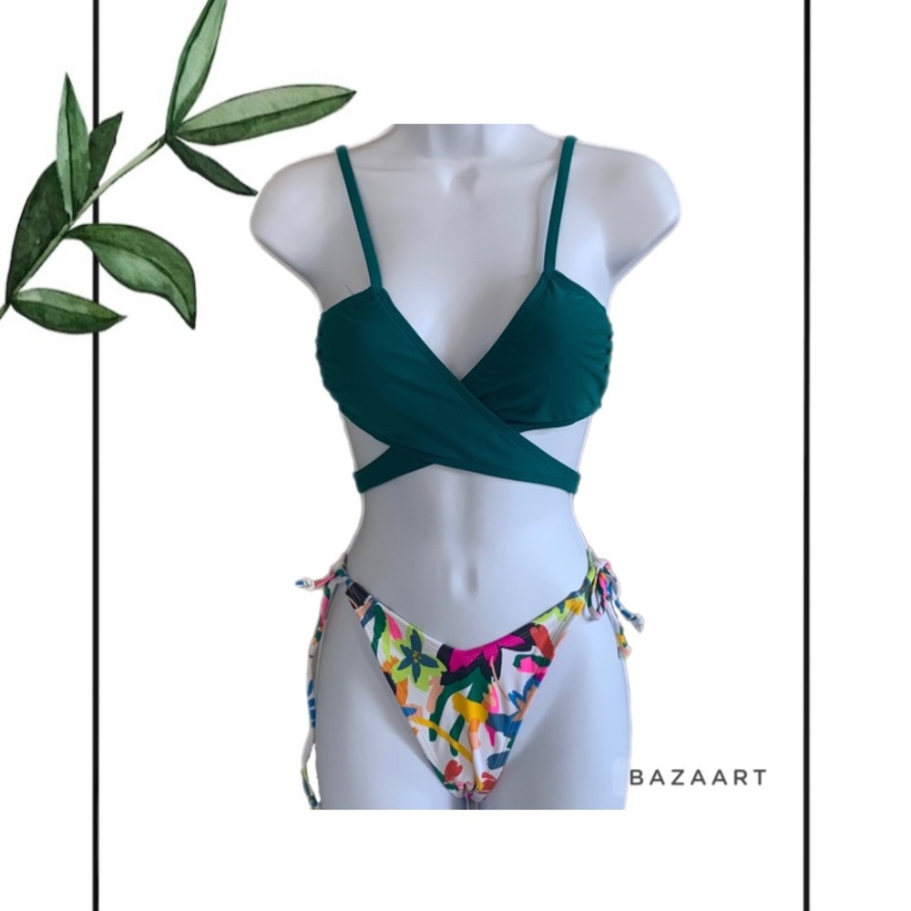 Xhilaration Teal Wrap Bikini Top & Xhilaration Multicolor Floral Bikini Bottom - Picture 1 of 10